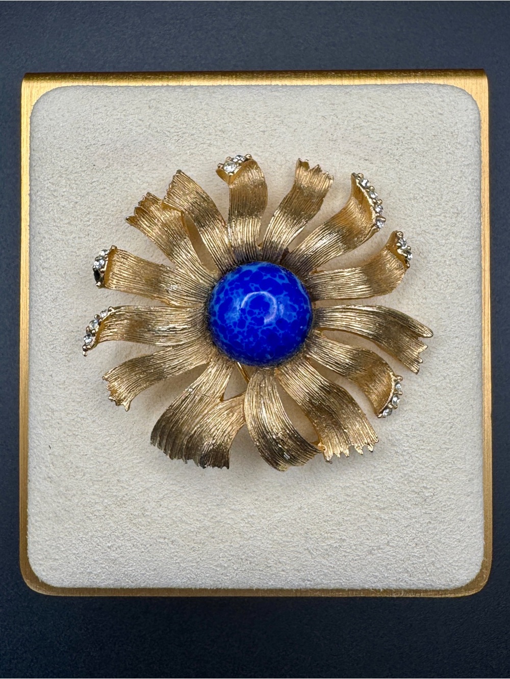 Vintage Gold Tone Ribbon Sunflower Brooch. Blue Molted Cabochon And Rhinestones